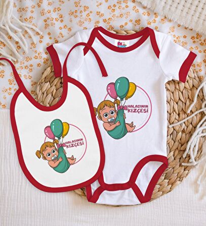 BK Kids Halasının Kızçesi Tasarımlı Kırmızı Bebek Body Zıbın ve Mama Önlüğü Hediye Seti-1