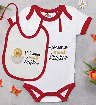 BK Kids Halasının Minik Kuşu Tasarımlı Kırmızı Bebek Body Zıbın ve Mama Önlüğü Hediye Seti-1