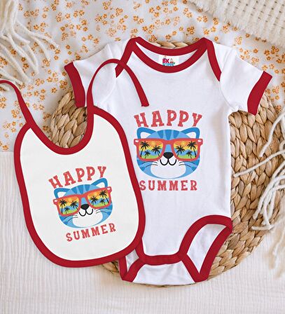 BK Kids Happy Summer Tasarımlı Kırmızı Bebek Body Zıbın ve Mama Önlüğü Hediye Seti-1