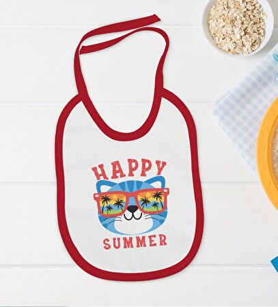 BK Kids Happy Summer Tasarımlı Kırmızı Bebek Body Zıbın ve Mama Önlüğü Hediye Seti-1