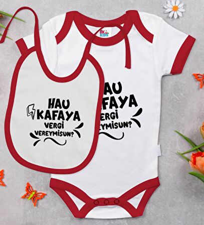 BK Kids Hau Kafaya Tasarımlı Kırmızı Bebek Body Zıbın ve Mama Önlüğü Hediye Seti-1