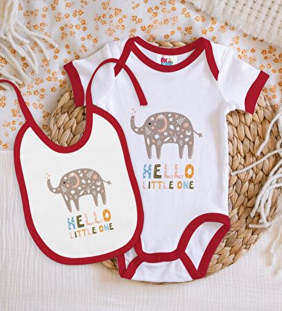BK Kids Hello Little One Tasarımlı Kırmızı Bebek Body Zıbın ve Mama Önlüğü Hediye Seti-1