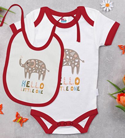 BK Kids Hello Little One Tasarımlı Kırmızı Bebek Body Zıbın ve Mama Önlüğü Hediye Seti-1