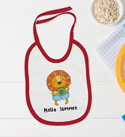 BK Kids Hello Summer Tasarımlı Kırmızı Bebek Body Zıbın ve Mama Önlüğü Hediye Seti-1