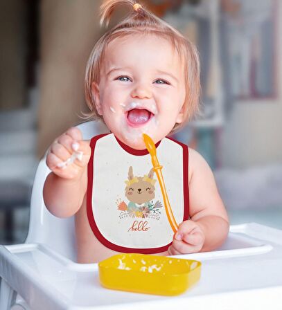 BK Kids Hello Tasarımlı Kırmızı Bebek Body Zıbın ve Mama Önlüğü Hediye Seti-1