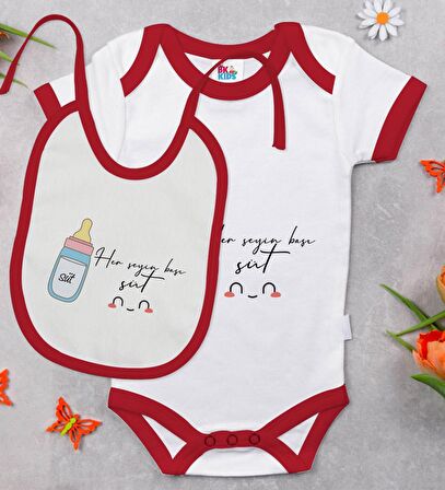 BK Kids Her Şeyin Başı Süt Tasarımlı Kırmızı Bebek Body Zıbın ve Mama Önlüğü Hediye Seti-1