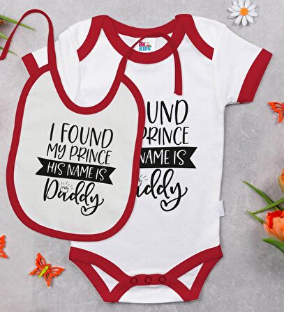 BK Kids His Name Is Daddy Tasarımlı Kırmızı Bebek Body Zıbın ve Mama Önlüğü Hediye Seti-1