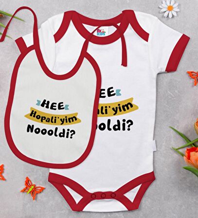 BK Kids Hopaliyim Tasarımlı Kırmızı Bebek Body Zıbın ve Mama Önlüğü Hediye Seti-1