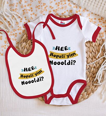 BK Kids Hopaliyim Tasarımlı Kırmızı Bebek Body Zıbın ve Mama Önlüğü Hediye Seti-1