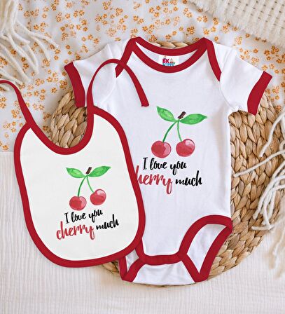 BK Kids İ Love Cherry Much Tasarımlı Kırmızı Bebek Body Zıbın ve Mama Önlüğü Hediye Seti-1