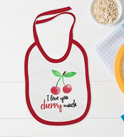BK Kids İ Love Cherry Much Tasarımlı Kırmızı Bebek Body Zıbın ve Mama Önlüğü Hediye Seti-1