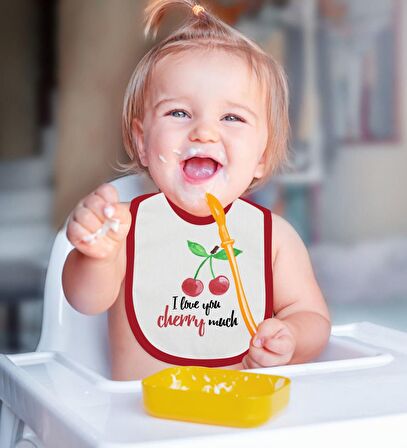 BK Kids İ Love Cherry Much Tasarımlı Kırmızı Bebek Body Zıbın ve Mama Önlüğü Hediye Seti-1