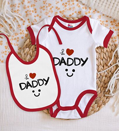 BK Kids İ Love Daddy Tasarımlı Kırmızı Bebek Body Zıbın ve Mama Önlüğü Hediye Seti-1