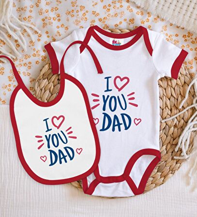 BK Kids I Love You Dad Tasarımlı Kırmızı Bebek Body Zıbın ve Mama Önlüğü Hediye Seti-2