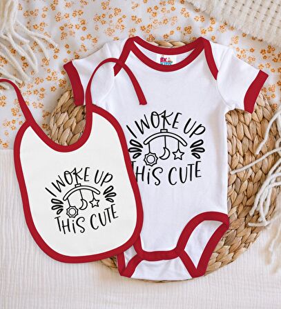 BK Kids This Cute Tasarımlı Kırmızı Bebek Body Zıbın ve Mama Önlüğü Hediye Seti-1