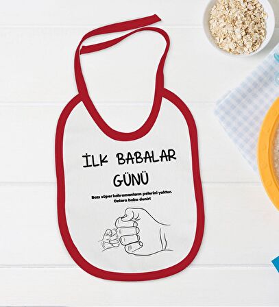 BK Kids İlk Babalar Günü Tasarımlı Kırmızı Bebek Body Zıbın ve Mama Önlüğü Hediye Seti-2