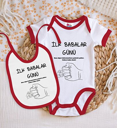 BK Kids İlk Babalar Günü Tasarımlı Kırmızı Bebek Body Zıbın ve Mama Önlüğü Hediye Seti-2