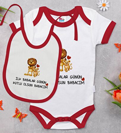 BK Kids İlk Babalar Günü Tasarımlı Kırmızı Bebek Body Zıbın ve Mama Önlüğü Hediye Seti-3