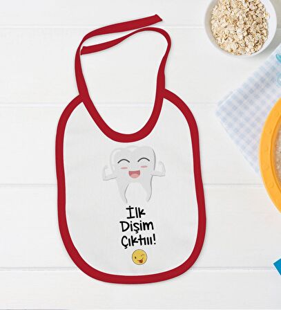 BK Kids İlk Dişim Çıktı Tasarımlı Kırmızı Bebek Body Zıbın ve Mama Önlüğü Hediye Seti-1