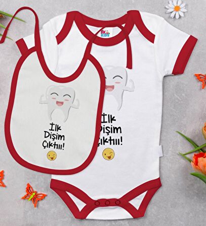 BK Kids İlk Dişim Çıktı Tasarımlı Kırmızı Bebek Body Zıbın ve Mama Önlüğü Hediye Seti-1