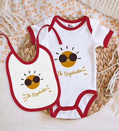 BK Kids İlk Seyahat Tasarımlı Kırmızı Bebek Body Zıbın ve Mama Önlüğü Hediye Seti-1
