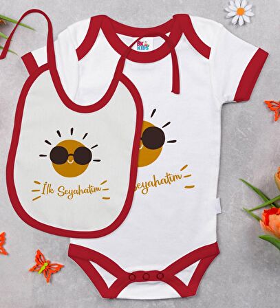 BK Kids İlk Seyahat Tasarımlı Kırmızı Bebek Body Zıbın ve Mama Önlüğü Hediye Seti-1