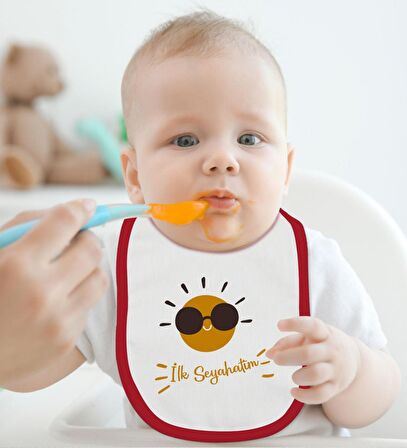 BK Kids İlk Seyahat Tasarımlı Kırmızı Bebek Body Zıbın ve Mama Önlüğü Hediye Seti-1