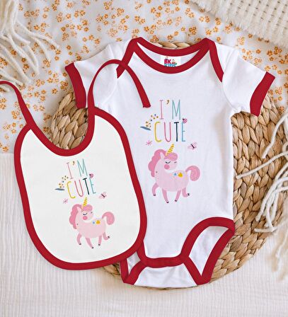 BK Kids I'm Cute Tasarımlı Kırmızı Bebek Body Zıbın ve Mama Önlüğü Hediye Seti-1