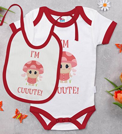 Cute Tasarımlı Kırmızı Bebek Body Zıbın ve Mama Önlüğü Hediye Seti-2