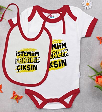 BK Kids İstemiim Fenalık Çıksın Tasarımlı Kırmızı Bebek Body Zıbın ve Mama Önlüğü Hediye Seti-1