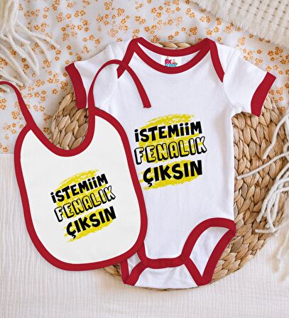 BK Kids İstemiim Fenalık Çıksın Tasarımlı Kırmızı Bebek Body Zıbın ve Mama Önlüğü Hediye Seti-1