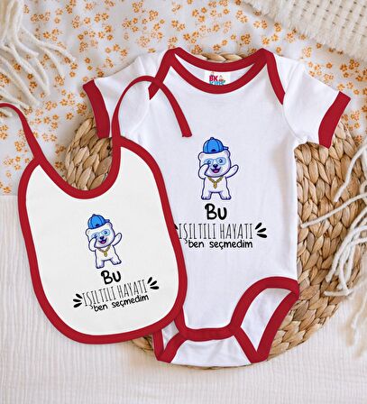 BK Kids Bu Işıltılı Hayatı Ben Seçmedim Tasarımlı Kırmızı Bebek Body Zıbın ve Mama Önlüğü Hediye Seti-1