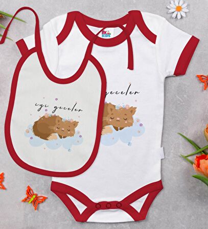 BK Kids İyi Geceler Tasarımlı Kırmızı Bebek Body Zıbın ve Mama Önlüğü Hediye Seti-1