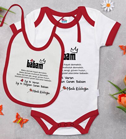 BK Kids Canım Babam Tasarımlı Kırmızı Bebek Body Zıbın ve Mama Önlüğü Hediye Seti-1