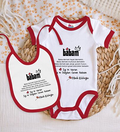 BK Kids Canım Babam Tasarımlı Kırmızı Bebek Body Zıbın ve Mama Önlüğü Hediye Seti-1