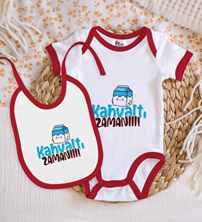 BK Kids Kahvaltı Zamanı Tasarımlı Kırmızı Bebek Body Zıbın ve Mama Önlüğü Hediye Seti-1