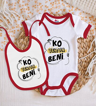 BK Kids Ko Verun Beni Tasarımlı Kırmızı Bebek Body Zıbın ve Mama Önlüğü Hediye Seti-1