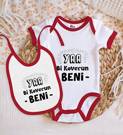 BK Kids Koverun Beni Tasarımlı Kırmızı Bebek Body Zıbın ve Mama Önlüğü Hediye Seti-1