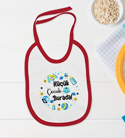 BK Kids Küçük Çocuk Burada Tasarımlı Kırmızı Bebek Body Zıbın ve Mama Önlüğü Hediye Seti-1