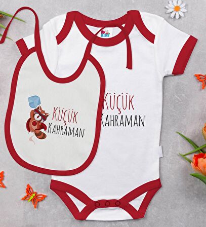 BK Kids Küçük Kahraman Tasarımlı Kırmızı Bebek Body Zıbın ve Mama Önlüğü Hediye Seti-1