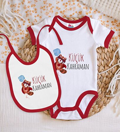 BK Kids Küçük Kahraman Tasarımlı Kırmızı Bebek Body Zıbın ve Mama Önlüğü Hediye Seti-1
