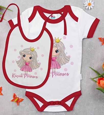 BK Kids Küçük Prenses Tasarımlı Kırmızı Bebek Body Zıbın ve Mama Önlüğü Hediye Seti-1