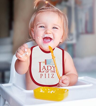 BK Kids Lady Of The Piiz Tasarımlı Kırmızı Bebek Body Zıbın ve Mama Önlüğü Hediye Seti-1