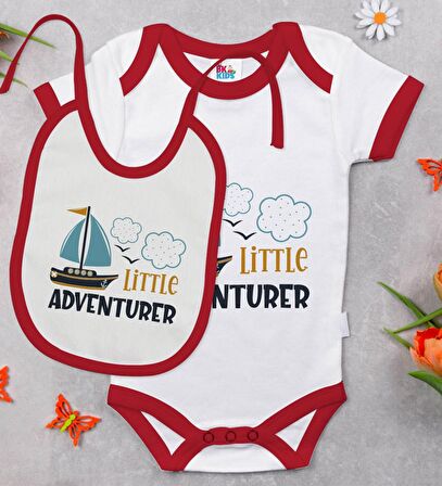 BK Kids Little Adventurer Tasarımlı Kırmızı Bebek Body Zıbın ve Mama Önlüğü Hediye Seti-1