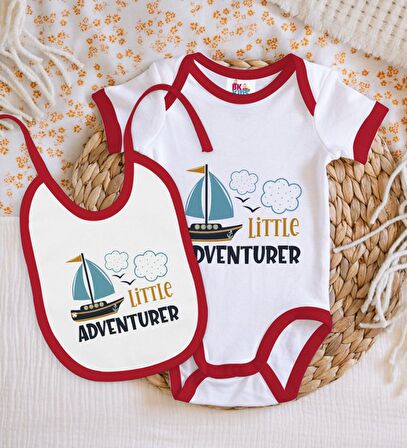 BK Kids Little Adventurer Tasarımlı Kırmızı Bebek Body Zıbın ve Mama Önlüğü Hediye Seti-1