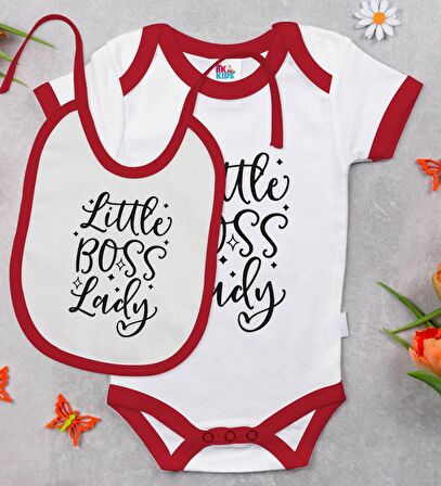 BK Kids Little Boss Lady Tasarımlı Kırmızı Bebek Body Zıbın ve Mama Önlüğü Hediye Seti-1