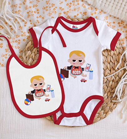 BK Kids Little Boss Tasarımlı Kırmızı Bebek Body Zıbın ve Mama Önlüğü Hediye Seti-1