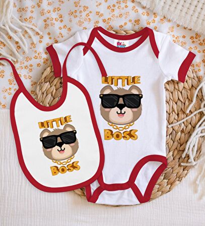 BK Kids Little Boss Tasarımlı Kırmızı Bebek Body Zıbın ve Mama Önlüğü Hediye Seti-3
