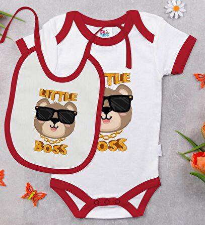 BK Kids Little Boss Tasarımlı Kırmızı Bebek Body Zıbın ve Mama Önlüğü Hediye Seti-3
