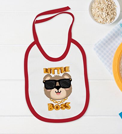 BK Kids Little Boss Tasarımlı Kırmızı Bebek Body Zıbın ve Mama Önlüğü Hediye Seti-3